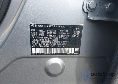 2021 Honda Hr-V Awd Ex-L из США, поврежденный, VIN 3CZRU6H78MM721051